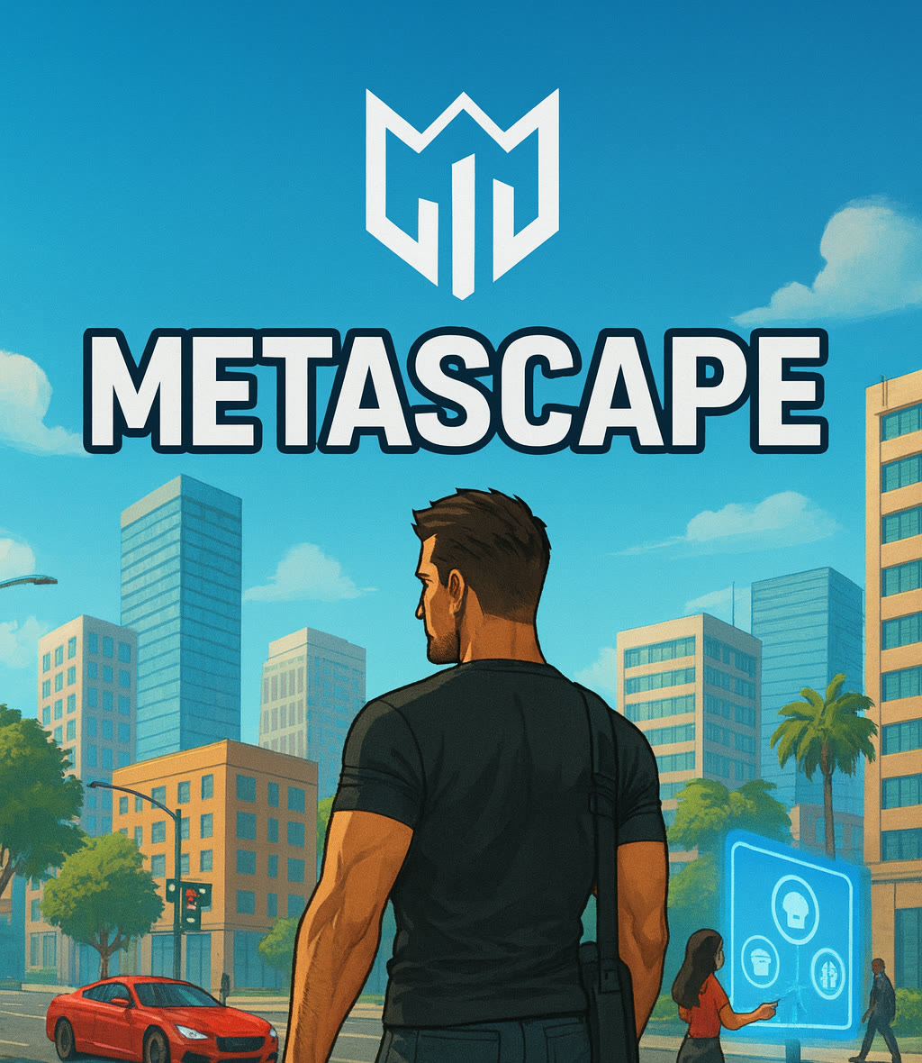 MetaScape loading screen: a man on a sunny city street looking back at a glowing kiosk while a woman uses it