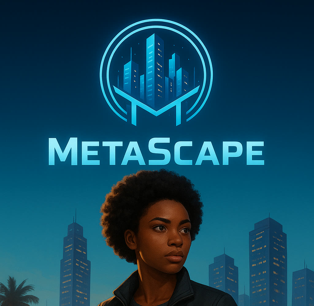 MetaScape loading screen: a woman in a dark jacket in front of a city skyline at dusk