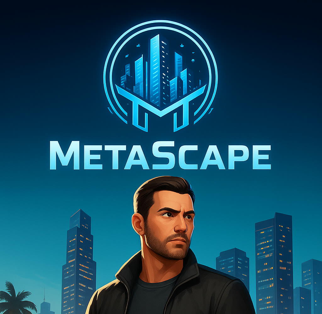 MetaScape loading screen: a man in a dark jacket in front of a city skyline at night